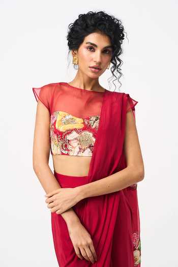 Shop_Issa Studio By Chetana & Swathi_Red Crepe, Organza Round Neck Vinona Printed Pre-draped Saree With Blouse _Online_at_Aza_Fashions