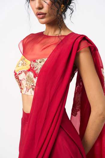Issa Studio By Chetana & Swathi_Red Crepe, Organza Round Neck Vinona Printed Pre-draped Saree With Blouse _at_Aza_Fashions
