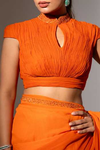 K-Anshika_Orange Georgette High Neck Ombre Draped Saree Set _Online_at_Aza_Fashions