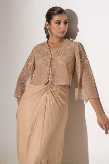 K-Anshika Beige Georgette, Net V-neck Embroidered Jacket With Draped Gown Online at Aza Fashions K-Anshika_Beige Georgette, Net V-neck Embroidered Jacket With Draped Gown _Online_at_Aza_Fashions