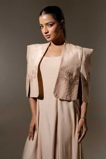 K-Anshika Beige Silk, Crepe, Viscose Square Neck Embellished Jacket And Maxi Dress Set Online at Aza Fashions K-Anshika_Beige Silk, Crepe, Viscose Square Neck Embellished Jacket And Maxi Dress Set _Online_at_Aza_Fashions