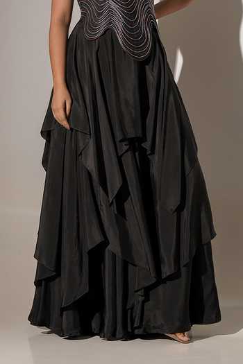 K-Anshika Black Crepe Scoop Neck Layered Draped Skirt Set Online at Aza Fashions K-Anshika_Black Crepe Scoop Neck Layered Draped Skirt Set _Online_at_Aza_Fashions