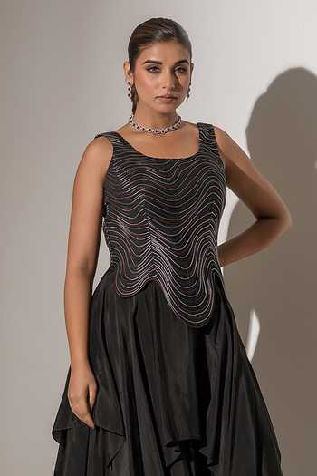 Buy K-Anshika Black Crepe Scoop Neck Layered Draped Skirt Set Online at Aza Fashions Buy_K-Anshika_Black Crepe Scoop Neck Layered Draped Skirt Set _Online_at_Aza_Fashions
