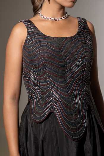 Shop K-Anshika Black Crepe Scoop Neck Layered Draped Skirt Set Online at Aza Fashions Shop_K-Anshika_Black Crepe Scoop Neck Layered Draped Skirt Set _Online_at_Aza_Fashions