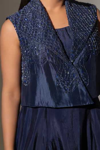 Buy K-Anshika Blue Silk, Crepe, Viscose Open , Round Cropped Jacket With Flared Dress Online at Aza Fashions Buy_K-Anshika_Blue Silk, Crepe, Viscose Open , Round Cropped Jacket With Flared Dress _Online_at_Aza_Fashions