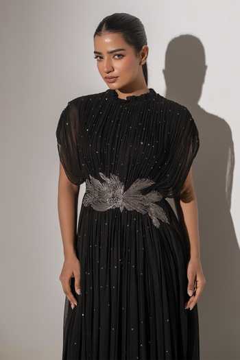 K-Anshika Black Georgette Sequins, Stones High Neck Pleated Gown Online at Aza Fashions K-Anshika_Black Georgette Sequins, Stones High Neck Pleated Gown _Online_at_Aza_Fashions