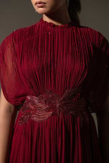 K-Anshika Maroon Georgette High Neck Pleated Gown Online at Aza Fashions K-Anshika_Maroon Georgette High Neck Pleated Gown _Online_at_Aza_Fashions