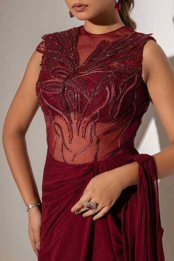 K-Anshika Maroon Georgette, Net Embroidery, Sequins High Neck Draped Saree Gown Online at Aza Fashions K-Anshika_Maroon Georgette, Net Embroidery, Sequins High Neck Draped Saree Gown _Online_at_Aza_Fashions