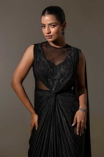 K-Anshika_Black Georgette, Net Embroidery Round Neck Draped Saree Gown _Online_at_Aza_Fashions