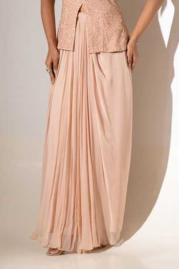 K-Anshika Peach Georgette, Net Halter Neck High Top And Draped Skirt Set Online at Aza Fashions K-Anshika_Peach Georgette, Net Halter Neck High Top And Draped Skirt Set _Online_at_Aza_Fashions