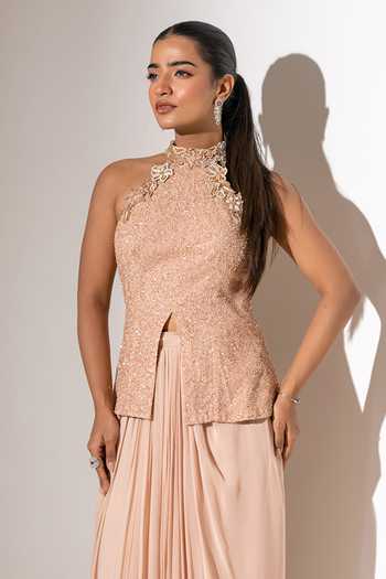 Buy K-Anshika Peach Georgette, Net Halter Neck High Top And Draped Skirt Set Online at Aza Fashions Buy_K-Anshika_Peach Georgette, Net Halter Neck High Top And Draped Skirt Set _Online_at_Aza_Fashions