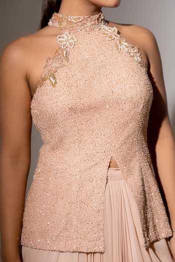 Shop K-Anshika Peach Georgette, Net Halter Neck High Top And Draped Skirt Set Online at Aza Fashions Shop_K-Anshika_Peach Georgette, Net Halter Neck High Top And Draped Skirt Set _Online_at_Aza_Fashions