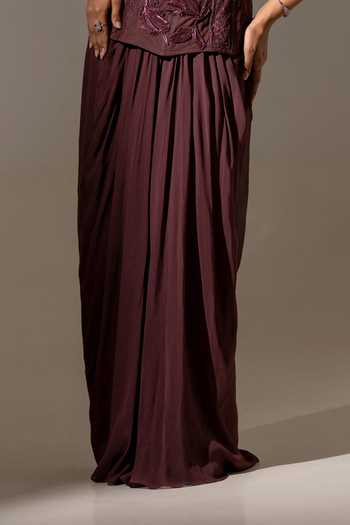 K-Anshika_Brown Georgette, Net, Lace, Chantilly Embroidery Bandeau Neck Corset And Skirt Set _Online_at_Aza_Fashions