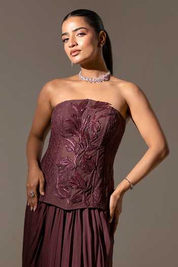 Buy_K-Anshika_Brown Georgette, Net, Lace, Chantilly Embroidery Bandeau Neck Corset And Skirt Set _Online_at_Aza_Fashions