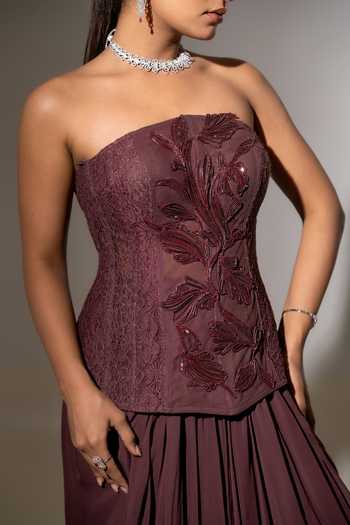 Shop_K-Anshika_Brown Georgette, Net, Lace, Chantilly Embroidery Bandeau Neck Corset And Skirt Set _Online_at_Aza_Fashions