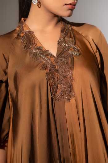 K-Anshika_Brown Satin Embroidery V-neck Embellished Ombre Gown _Online_at_Aza_Fashions