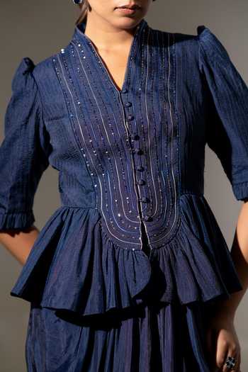 K-Anshika Blue Silk, Viscose V-neck Embroidered Peplum Top And Skirt Set Online at Aza Fashions K-Anshika_Blue Silk, Viscose V-neck Embroidered Peplum Top And Skirt Set _Online_at_Aza_Fashions