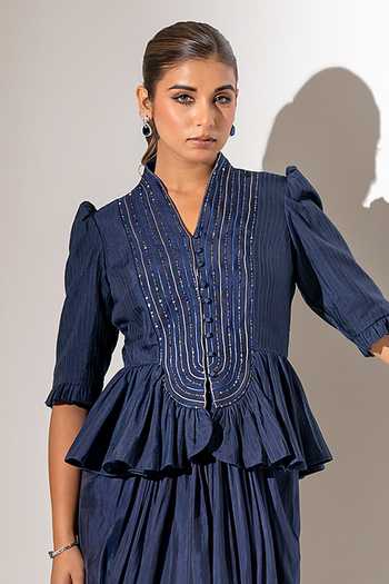 Shop K-Anshika Blue Silk, Viscose V-neck Embroidered Peplum Top And Skirt Set Online at Aza Fashions Shop_K-Anshika_Blue Silk, Viscose V-neck Embroidered Peplum Top And Skirt Set _Online_at_Aza_Fashions