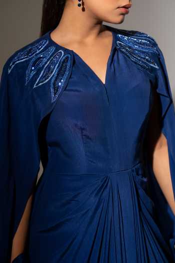 K-Anshika Navy Crepe Embroidery, Beads Split V-neck Shoulder Draped Gown Online at Aza Fashions K-Anshika_Navy Crepe Embroidery, Beads Split V-neck Shoulder Draped Gown _Online_at_Aza_Fashions