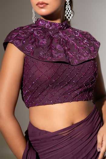 K-Anshika_Wine Georgette, Net High Neck Draped Saree With Blouse _Online_at_Aza_Fashions