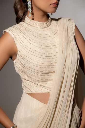 K-Anshika Off White Georgette, Net High Neck Draped Saree With Embellished Blouse Online at Aza Fashions K-Anshika_Off White Georgette, Net High Neck Draped Saree With Embellished Blouse _Online_at_Aza_Fashions