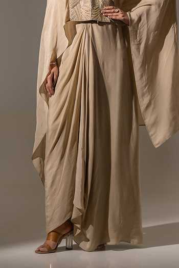 K-Anshika_Beige Crepe Embroidered Cape And Skirt Set _Online_at_Aza_Fashions