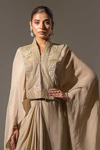 Buy_K-Anshika_Beige Crepe Embroidered Cape And Skirt Set _Online_at_Aza_Fashions
