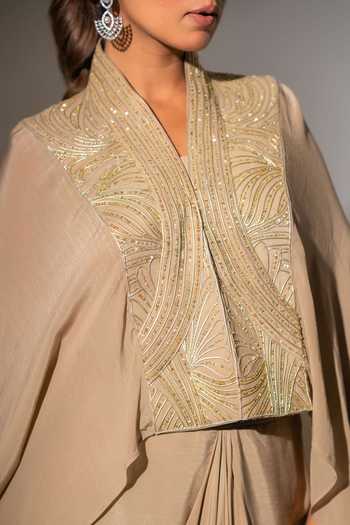 Shop_K-Anshika_Beige Crepe Embroidered Cape And Skirt Set _Online_at_Aza_Fashions
