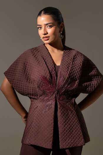 K-Anshika Brown Crepe V-neck Embroidered Jacket And Pant Set Online at Aza Fashions K-Anshika_Brown Crepe V-neck Embroidered Jacket And Pant Set _Online_at_Aza_Fashions