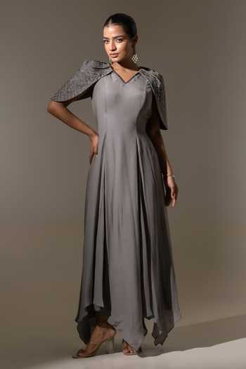 K-Anshika Embroidered Cape Sleeve Crepe Gown 
