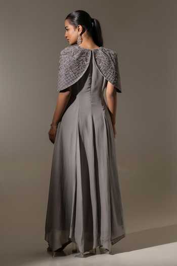 K-Anshika Embroidered Cape Sleeve Crepe Gown 