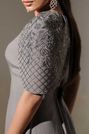 K-Anshika_Grey Crepe Embroidery V-neck Cape Sleeve Gown _Online_at_Aza_Fashions