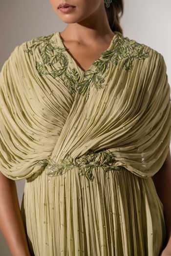 K-Anshika_Green Georgette Embroidery V-neck Draped Pleated Gown _Online_at_Aza_Fashions
