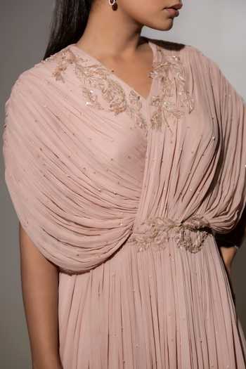 K-Anshika Pink Georgette Embroidery V-neck Draped Pleated Gown Online at Aza Fashions K-Anshika_Pink Georgette Embroidery V-neck Draped Pleated Gown _Online_at_Aza_Fashions