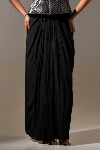 K-Anshika_Black Crepe V-neck Embroidered Jacket And Skirt Set _Online_at_Aza_Fashions