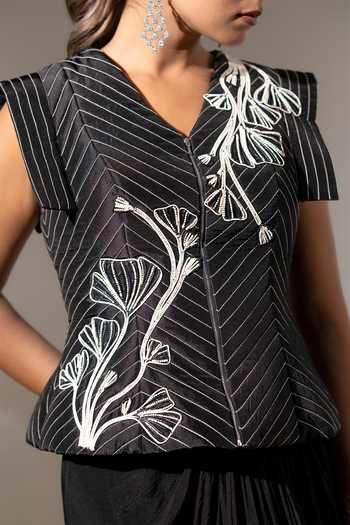 Buy_K-Anshika_Black Crepe V-neck Embroidered Jacket And Skirt Set _Online_at_Aza_Fashions
