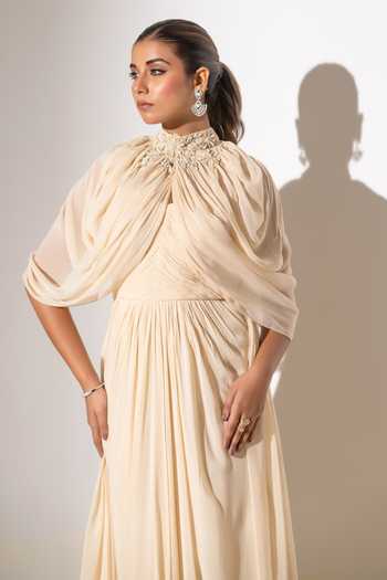 K-Anshika Off White Georgette Embroidery High Neck Gathered Cape And Flowing Gown Set Online at Aza Fashions K-Anshika_Off White Georgette Embroidery High Neck Gathered Cape And Flowing Gown Set _Online_at_Aza_Fashions