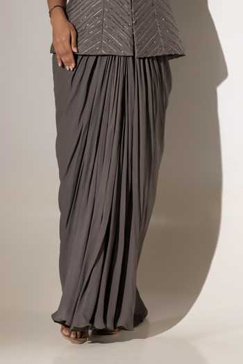 K-Anshika Grey Crepe Mandarin Collar Structured Jacket With Pleated Skirt Online at Aza Fashions K-Anshika_Grey Crepe Mandarin Collar Structured Jacket With Pleated Skirt _Online_at_Aza_Fashions