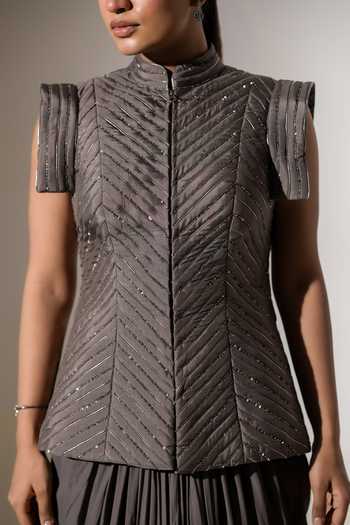 Buy K-Anshika Grey Crepe Mandarin Collar Structured Jacket With Pleated Skirt Online at Aza Fashions Buy_K-Anshika_Grey Crepe Mandarin Collar Structured Jacket With Pleated Skirt _Online_at_Aza_Fashions
