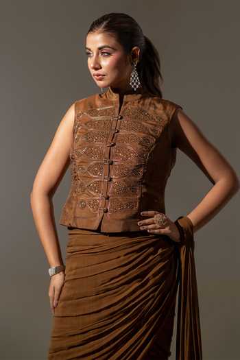 K-Anshika_Brown Silk, Georgette, Viscose High Neck Draped Saree With Blouse _Online_at_Aza_Fashions