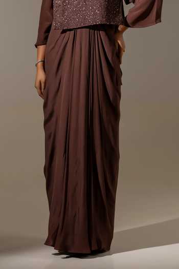 K-Anshika Brown Crepe, Net Round Neck Draped Gown And Jacket Set Online at Aza Fashions K-Anshika_Brown Crepe, Net Round Neck Draped Gown And Jacket Set _Online_at_Aza_Fashions