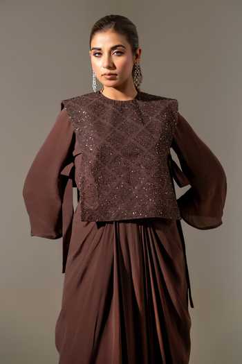 Buy K-Anshika Brown Crepe, Net Round Neck Draped Gown And Jacket Set Online at Aza Fashions Buy_K-Anshika_Brown Crepe, Net Round Neck Draped Gown And Jacket Set _Online_at_Aza_Fashions
