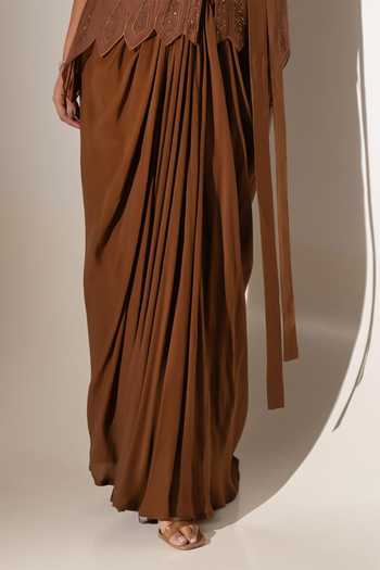 K-Anshika_Brown Crepe, Net Mandarin Collar Embellished Jacket And Skirt Set _Online_at_Aza_Fashions