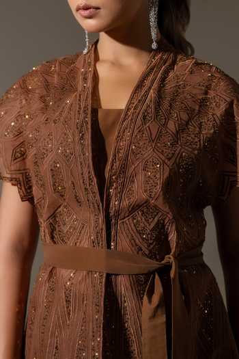 Buy_K-Anshika_Brown Crepe, Net Mandarin Collar Embellished Jacket And Skirt Set _Online_at_Aza_Fashions