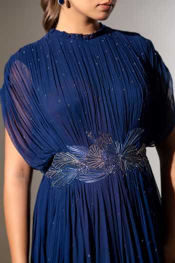 K-Anshika_Blue Georgette Sequins, Beads High Neck Pleated Gown _Online_at_Aza_Fashions