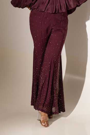 K-Anshika Wine Crepe, Georgette Round Neck Gathered Top And Pant Set Online at Aza Fashions K-Anshika_Wine Crepe, Georgette Round Neck Gathered Top And Pant Set _Online_at_Aza_Fashions