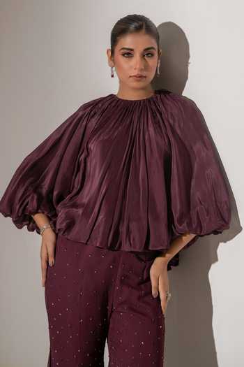 Buy K-Anshika Wine Crepe, Georgette Round Neck Gathered Top And Pant Set Online at Aza Fashions Buy_K-Anshika_Wine Crepe, Georgette Round Neck Gathered Top And Pant Set _Online_at_Aza_Fashions