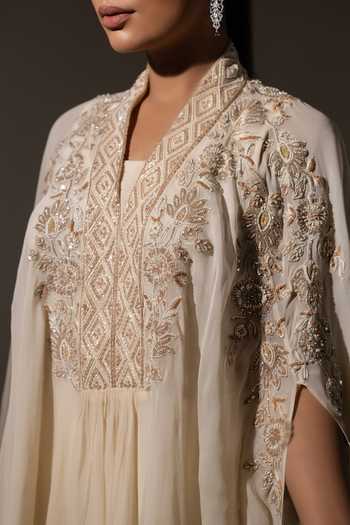 Buy K-Anshika Off White Georgette V-neck Embroidered Top And Sharara Set Online at Aza Fashions Buy_K-Anshika_Off White Georgette V-neck Embroidered Top And Sharara Set _Online_at_Aza_Fashions