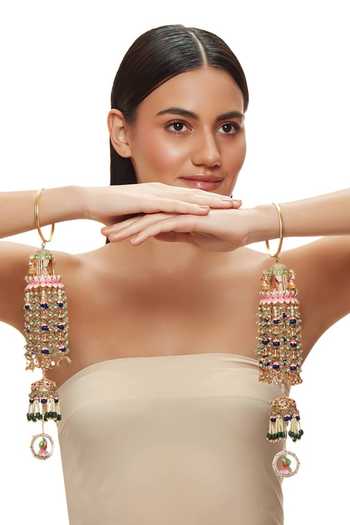 Raabta By Rahul Pink Nadaswaram Moti Jhallar Pair Of Kaleeras Online at Aza Fashions Raabta By Rahul_Pink Nadaswaram Moti Jhallar Pair Of Kaleeras _Online_at_Aza_Fashions