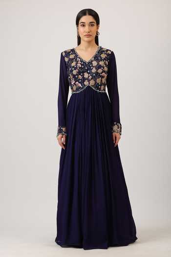 Buy_Vidushi Gupta_Purple Silk, Cotton, Chiffon, Modal, Floral Embroidered Anarkali With Dupatta _Online_at_Aza_Fashions
